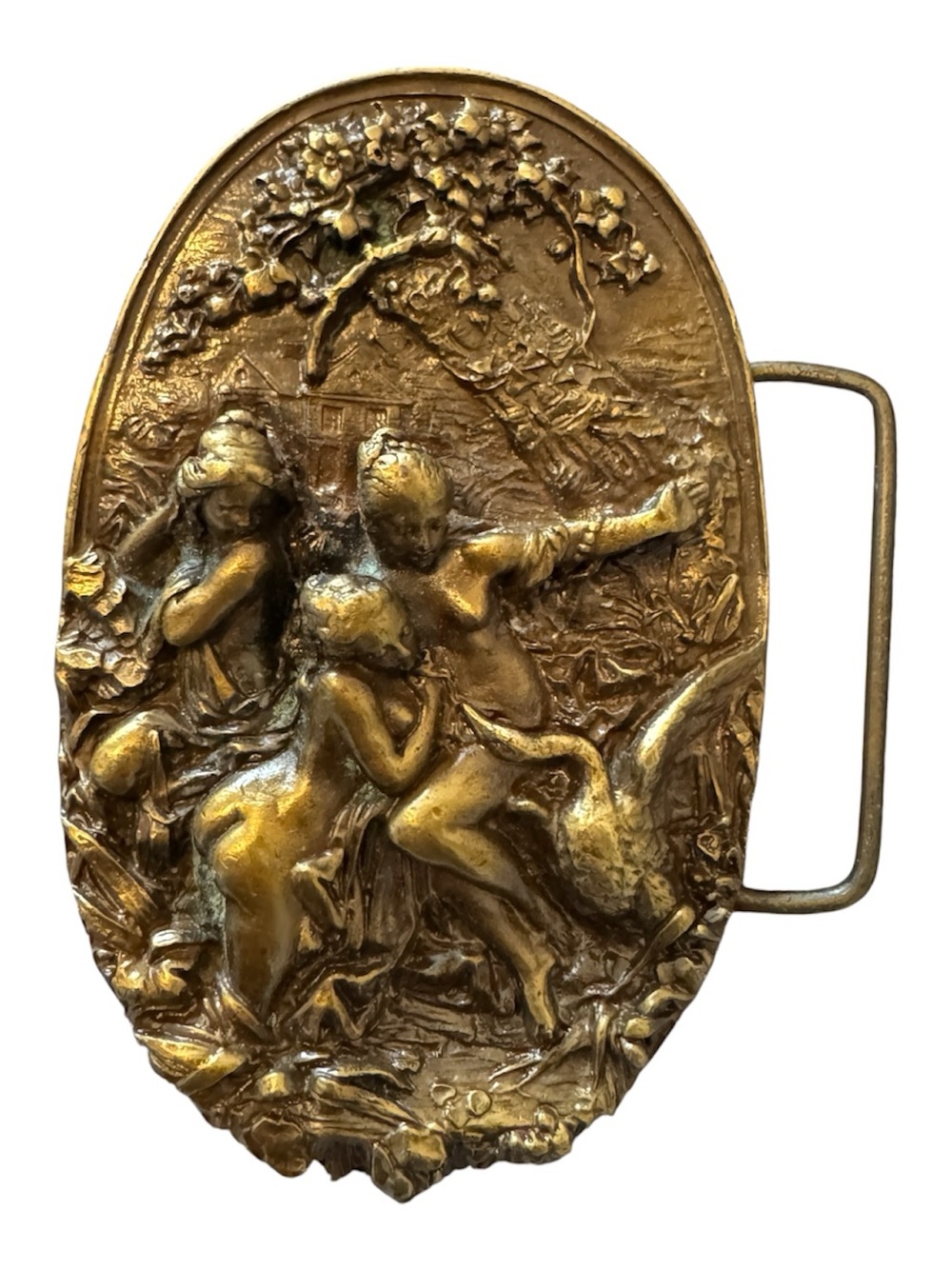 Vintage 70s Bergamot Brass Works 'Leda & the Swan' Sculpted Oval Belt Buckle Art
